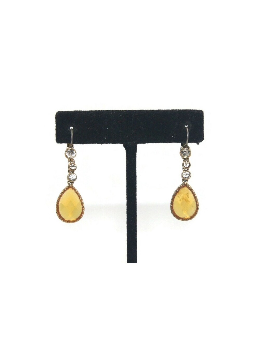 Vintage Gold Tone, Faceted Orange Resin and Clear Rhinestones Dangle Earrings.